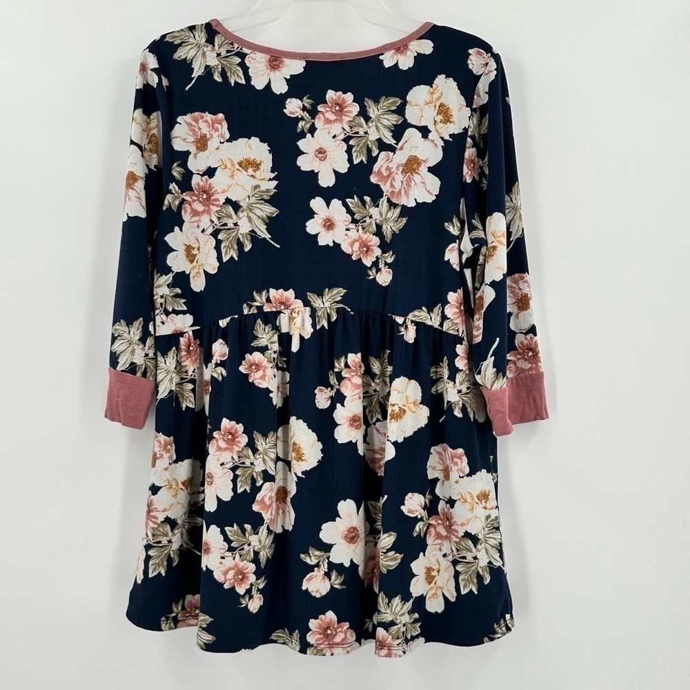 PS Kate Women’s Navy Flowy Floral Pink Trim Gathered Waist 3/4 Sleeves Top Sz Lg - Picture 2 of 8